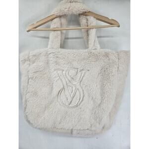 Victoria’s Secret Cream Sherpa Faux Fur Large Logo Tote Bag Zipper